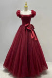 Burgundy Tulle Short Sleeve A-Line Formal Dresses, Burgundy Evening Dresses HZ1024