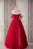 Red Tulle Long Prom Dresses, A-Line Off the Shoulder Formal Dresses HZ1024