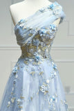 Blue Tulle Appliques Long Prom Dresses, A-Line Strapless Evening Dresses HZ1024