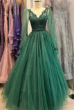 Green V-Neck Tulle Long Prom Dresses, A-Line Long Sleeve Evening Dresses HZ1024
