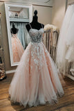Pink Sweetheart Neck Lace Long Prom Dresses, A-Line Formal Dresses HZ1024