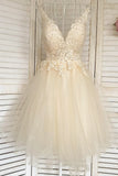Champagne V-Neck Lace Short Prom Dresses, A-Line Mini Party Dresses HZ1024