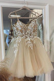 Champagne Spaghetti Lace Short Prom Dresses, A-Line Party Dresses HZ1024