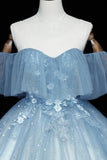 Blue Tulle Lace Long Prom Dresses, A-Line Off the Shoulder Evening Dresses HZ1024