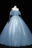 Blue Tulle Lace Long Prom Dresses, A-Line Off the Shoulder Evening Dresses HZ1024