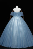 Blue Tulle Lace Long Prom Dresses, A-Line Off the Shoulder Evening Dresses HZ1024