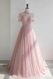 Pink Tulle Beading Long Prom Dresses, Lovely A-Line Evening Party Dresses HZ1024