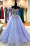 Purple Tulle Lace Long Prom Dresses, A-Line Spaghetti Straps Graduation Dresses HZ1024