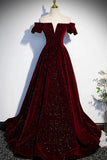 Burgundy Velvet Long Prom Dresses, Off the Shoulder Formal Evening Dresses HZ1024
