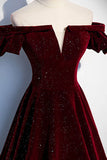 Burgundy Velvet Long Prom Dresses, Off the Shoulder Formal Evening Dresses HZ1024