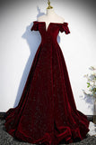 Burgundy Velvet Long Prom Dresses, Off the Shoulder Formal Evening Dresses HZ1024