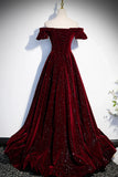 Burgundy Velvet Long Prom Dresses, Off the Shoulder Formal Evening Dresses HZ1024