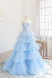 Blue Layers Tulle Long Prom Dresses, A-Line Strapless Evening Dresses HZ1024