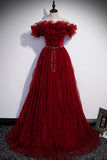 Burgundy Tulle Long Prom Dresses, A-Line Off the Shoulder Evening Party Dresses HZ1024