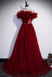 Burgundy Tulle Long Prom Dresses, A-Line Off the Shoulder Evening Party Dresses HZ1024