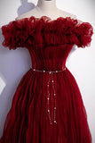 Burgundy Tulle Long Prom Dresses, A-Line Off the Shoulder Evening Party Dresses HZ1024
