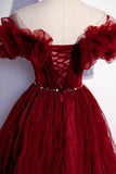 Burgundy Tulle Long Prom Dresses, A-Line Off the Shoulder Evening Party Dresses HZ1024