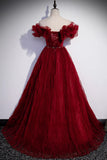 Burgundy Tulle Long Prom Dresses, A-Line Off the Shoulder Evening Party Dresses HZ1024