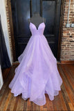 Purple V-Neck Tulle Long Prom Dresses, A-Line Evening Dresses HZ1024