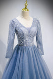 Previous Next Blue V-Neck Tulle Beading Long Prom Dresses, Long Sleeve Evening Dresses HZ1024