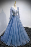 Previous Next Blue V-Neck Tulle Beading Long Prom Dresses, Long Sleeve Evening Dresses HZ1024
