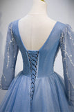 Previous Next Blue V-Neck Tulle Beading Long Prom Dresses, Long Sleeve Evening Dresses HZ1024