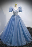 Blue V-Neck Tulle Beading Long Prom Dresses, Blue Short Sleeve Evening Dresses HZ1024