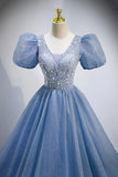Blue V-Neck Tulle Beading Long Prom Dresses, Blue Short Sleeve Evening Dresses HZ1024