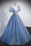 Blue V-Neck Tulle Beading Long Prom Dresses, Blue Short Sleeve Evening Dresses HZ1024