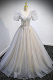 Grey V-Neck Tulle Beading Long Prom Dresses, A-Line Evening Dresses HZ1024