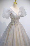 Grey V-Neck Tulle Beading Long Prom Dresses, A-Line Evening Dresses HZ1024