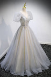 Grey V-Neck Tulle Beading Long Prom Dresses, A-Line Evening Dresses HZ1024