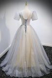 Grey V-Neck Tulle Beading Long Prom Dresses, A-Line Evening Dresses HZ1024