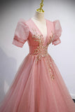 Pink V-Neck Tulle Long Prom Dresses, A-Line Short Sleeve Evening Dresses HZ1024