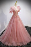 Pink V-Neck Tulle Long Prom Dresses, A-Line Short Sleeve Evening Dresses HZ1024