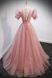 Pink V-Neck Tulle Long Prom Dresses, A-Line Short Sleeve Evening Dresses HZ1024