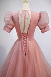 Pink V-Neck Tulle Long Prom Dresses, A-Line Short Sleeve Evening Dresses HZ1024