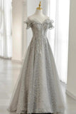 Grey Tulle Sequins Long A-Line Prom Dresses, Off the Shoulder Evening Dresses HZ1024