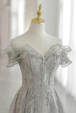 Grey Tulle Sequins Long A-Line Prom Dresses, Off the Shoulder Evening Dresses HZ1024