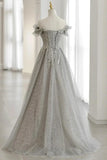 Grey Tulle Sequins Long A-Line Prom Dresses, Off the Shoulder Evening Dresses HZ1024