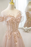 Pink Tulle Sequins Long Prom Dresses, A-Line Off the Shoulder Evening Dresses HZ1024