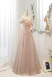 Pink Tulle Sequins Long Prom Dresses, A-Line Off the Shoulder Evening Dresses HZ1024