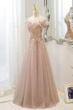 Pink Tulle Sequins Long Prom Dresses, A-Line Off the Shoulder Evening Dresses HZ1024