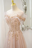 Pink Tulle Sequins Long Prom Dresses, A-Line Off the Shoulder Evening Dresses HZ1024