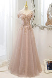 Pink Tulle Sequins Long Prom Dresses, A-Line Off the Shoulder Evening Dresses HZ1024