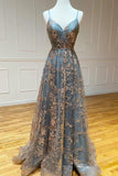 Grey Tulle Sequins Long Prom Dresses, A-Line Spaghetti Straps Evening Dresses HZ1024