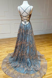 Grey Tulle Sequins Long Prom Dresses, A-Line Spaghetti Straps Evening Dresses HZ1024