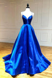 Blue V-Neck Satin Long Prom Dresses, A-Line Backless Evening Dresses HZ1024