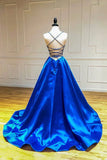 Blue V-Neck Satin Long Prom Dresses, A-Line Backless Evening Dresses HZ1024