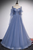 Blue Tulle Beading Long Prom Dresses, A-Line Formal Evening Dresses HZ1024